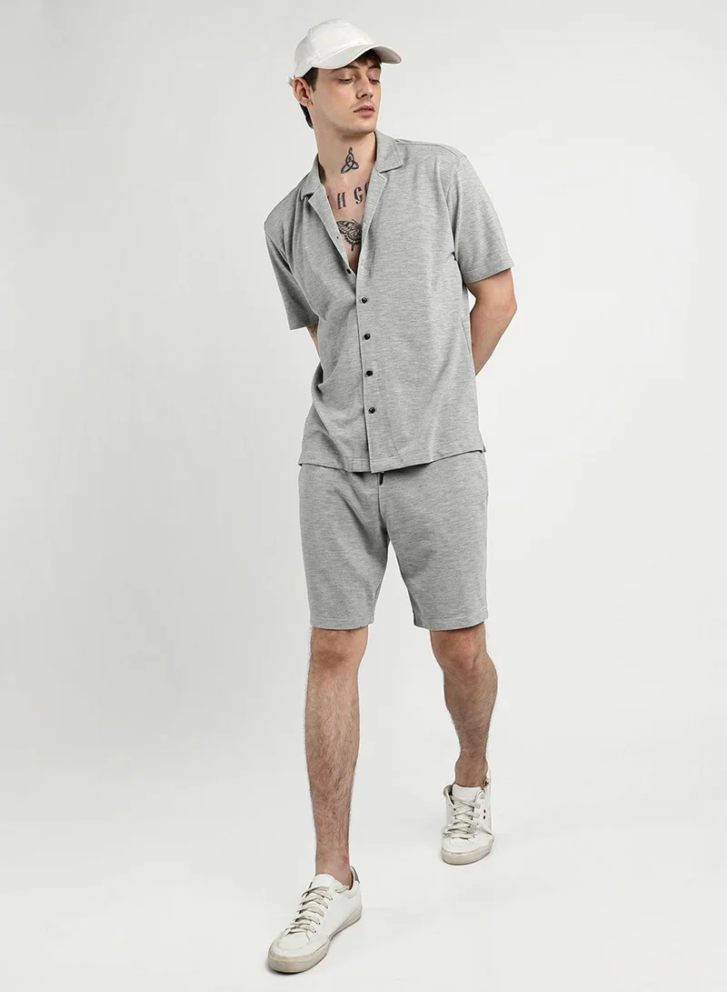 CAHOOT  Men's Light Grey Heathered Knitted Co-Ord Set For Casual Wear | Cuban Collar | Short Sleeve | Button Closure | Co-Ords Crafted With Comfort Fit For Everyday Wear for Men | Best Price UAE